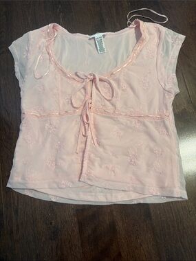 Japna Light Pink Sheer Embroidered Tie-Front Blouse